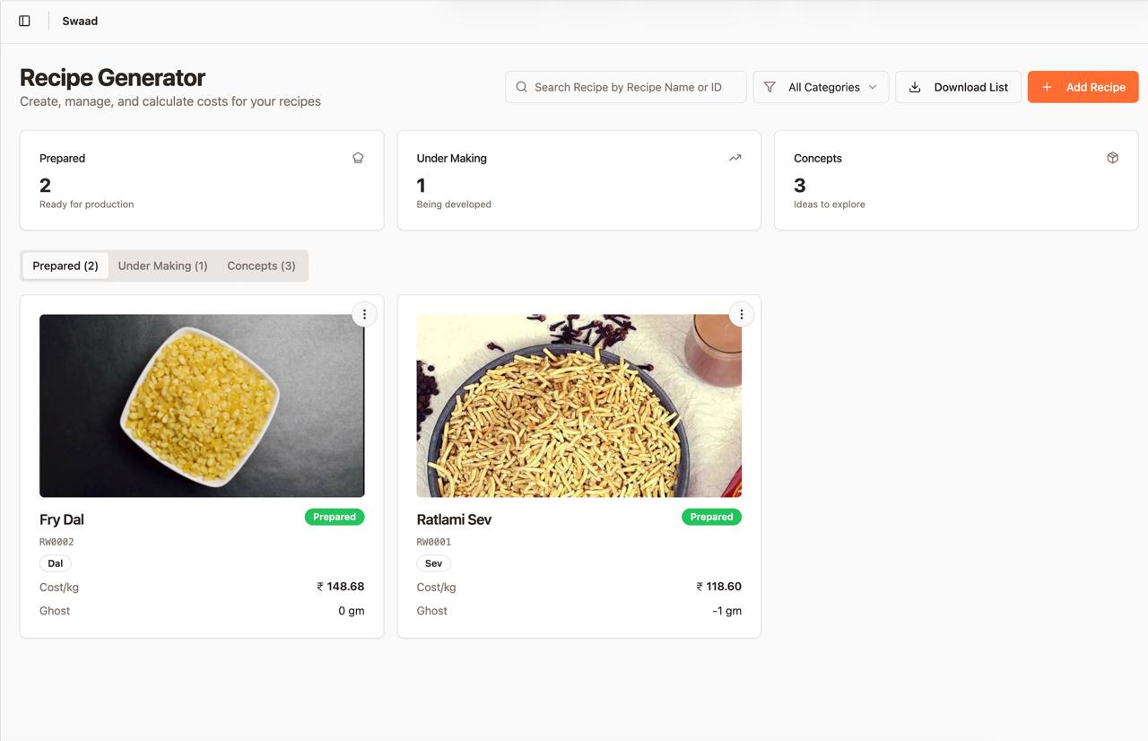 SwaadBook Recipes view